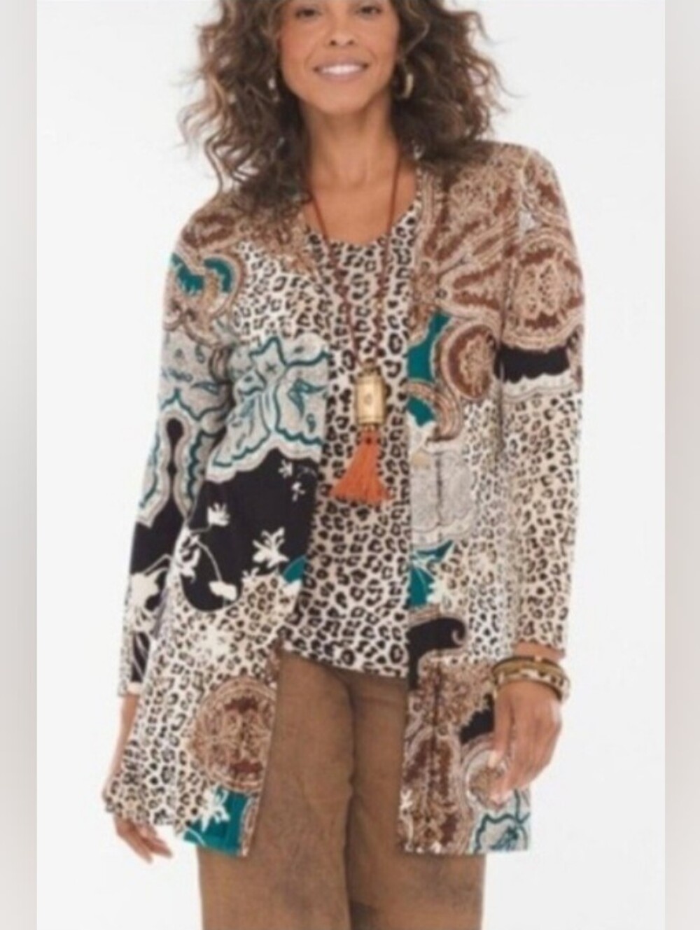 Chico's Cheetah Paisley Mixed Cardigan